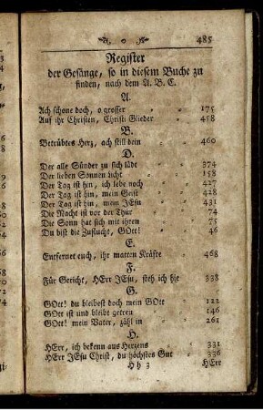 Register der Gesänge, so in diesem Buche zu finden, nach dem A.B.C.