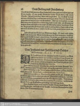 Von Irrthumb und Falschheit deß Gesetzes Mahometis. Cap. VIII.