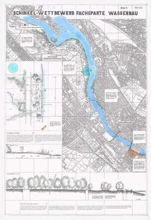 Fernwanderweg und Fahrradweg von Berlin-Köpenick nach Berlin-Treptow Schinkelwettbewerb 1994: Übersichtsplan 1:5000, Grundriss 1:100, Schnitte 1:200, 1:50, Text