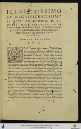 Illustrissimo Et Magnificentissimo Principi Ac Domino, D. Augusto, Duco Saxoniae …