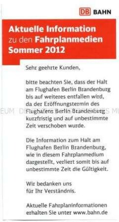 Informationsblatt der Deutschen Bahn über Fahrplanänderungen wegen der Verschiebung der Eröffnung des Flughafens Berlin und Brandenburg