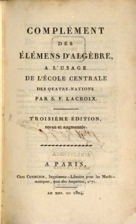 Complèment des Elémens d'Algèbre