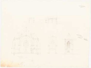 Kirche mit 1012 Plätzen: Aufriss Seitenansicht, Innenraumansicht mit Empore, Teilansicht der Empore, Querschnitt (durch Haupt- und Seitenschiffe), Schnitt durch die Empore, Detail Emporenpfeiler, Konstruktionsskizze