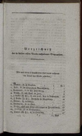 Verzeichniß der in diesem ersten Bande enthaltenen Biographien