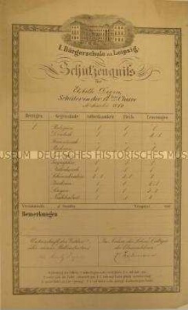 Schulzeugnis der 1. Bürgerschule Leipzig Klasse 6 für Elsbeth Degen; Michaelis 1872