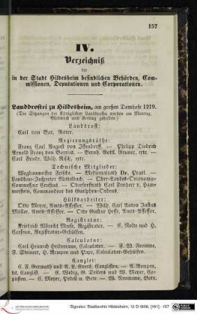 IV. Verzeichniß der in der Stadt Hildesheim befindlichen Behörden, Commissionen, Deputationen und Corporationen.