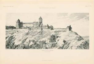 Hohkönigsburg im Elsass, Oschweiler Wiederherstellung: Perspektivische Ansicht von Süden (aus: Atlas zur Zeitschrift für Bauwesen, hrsg. v. Ministerium der öffentlichen Arbeiten, Jg. 51, 1901)