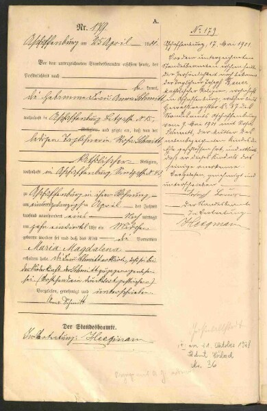 Standesamtsbuch der Stadt Aschaffenburg: Geburten 365/1900 - 184/1901