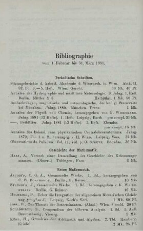Bibliographie vom 1. Februar bis 31. März 1881.