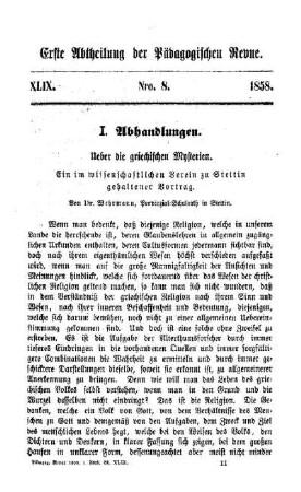 Ueber die griechischen Mysterien : ein im wissenschaftlichen Verein zu Stettin gehaltener Vortrag