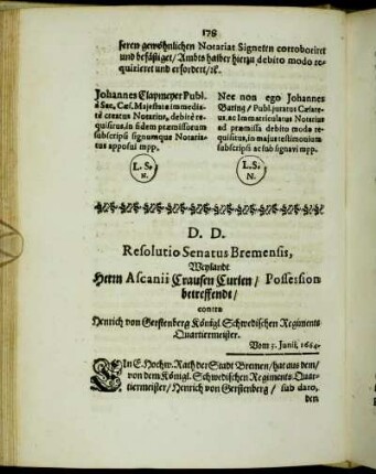 D.D. Resolutio Senatus Bremensis, Weylandt Herrn Ascanii Crausen Curien/ [...]