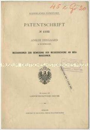 Patentschrift eines Mechanismus zur Bewegung der Messerschiene an Mähmaschinen, Patent-Nr. 4122