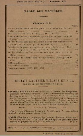 Table des matières. Février 1895.