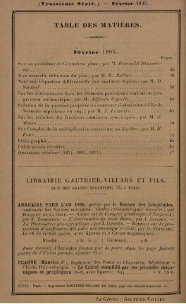 Table des matières. Février 1895.