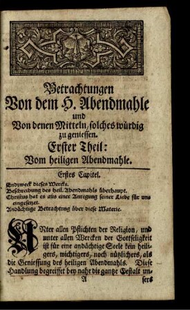 Erster Theil: Vom heiligen Abendmahle.