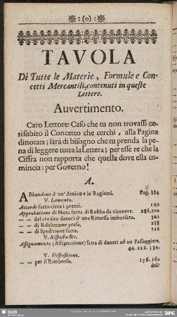 Tavola Di Tutte le Materie, Formule e Concetti Mercantili, contenuti in queste Lettere