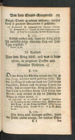 XI. Kapitel. Von dem Krieg selbst, und was in demselben, in einzelnen Treffen und Bataillen Rechtens. a)