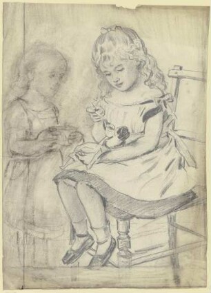 Zwei Kinder füttern eine Puppe