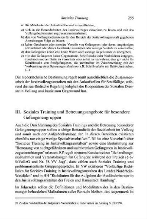 255-260, III. Soziales Training und Betreuungsangebote für besondere Gefangenengruppen