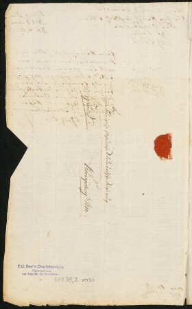 Schriftstück der Oberbaudeputation an eine Königliche höchstlöbliche Neumärkische Regierung in Königsberg/NM vom 31. Mai 1815: Anschrift mit Sigel der Oberbaudeputation, zusammenhängende Blätter Inv.Nr. 60238,1,2 und 2verso