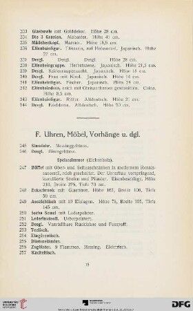 F. Uhren, Möbel, Vorhänge u. dgl. (Nr. 245-307)