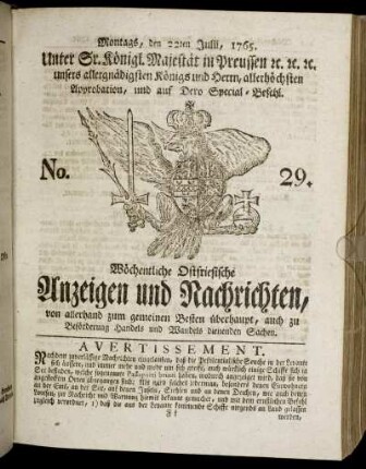No. 29. Montags, den 22ten Julii, 1765.
