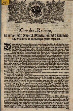 Circular-Rescript, Was von Sr. Kayserl. Majestät an dero sammentliche Ministros an auswärtigen Höfen ergangen