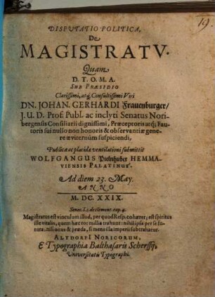 Disputatio Politica, De Magistratu
