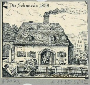 Die alte Schmiede in Strehlen bei Dresden im Zustand von 1858, aus Bergblumen, illustrierten Heimatkundeblättern des Gebirgsvereins Sächsische Schweiz