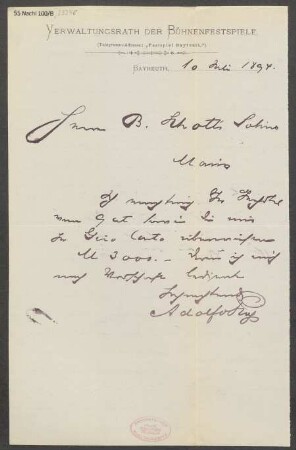 Brief an B. Schott's Söhne : 10.07.1894