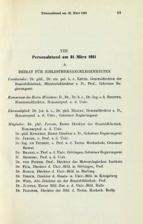 VIII. Personalstand am 31. März 1931