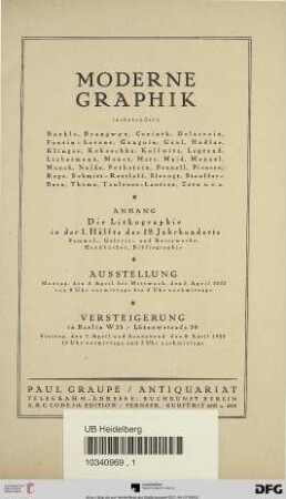 Nr. 23: Auktion / Paul Graupe, Antiquariat: Moderne Graphik : insbesondere Boehle, Brangwyn, Corinth, Delacroix, Fantin-Latour, Gauguin, Gaul, Hodler, Klinger, Kokoschka, Kollwitz, Legrand, Liebermann, Manet, Marc, Meid, Menzel, Munch, Nolde, Pechstein, Penell, Picasso, Rops, Schmitt-Rottluff, Slevogt, Stauffer-Bern, Thoma, Toulouse-Lautrec, Zorn u. v. a.