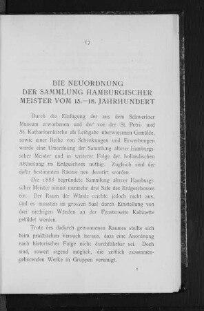 Die Neuordnung der Sammlung Hamburgischer Meister vom 15.-18. Jahrhundert