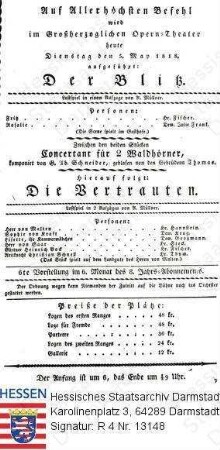 Darmstadt, Hoftheater / Theaterzettel 1818 Mai 5 / 'Der Blitz' (Lustspiel) und 'Die Vertrauten' (Lustspiel) von A[dolf] Müllner (1774-1829)