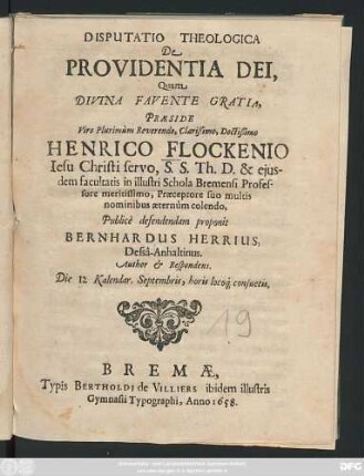 Disputatio Theologica De Providentia Dei, Quam Divina Favente Gratia