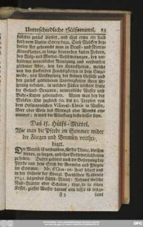 Das 15. Hülfs-Mittel. Wie man die Pferde im Sommer wider die Fliegen und Bremsen vertheidiget.
