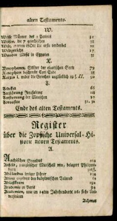 Register über die Zopfischen Universal-Historie neuen Testaments.