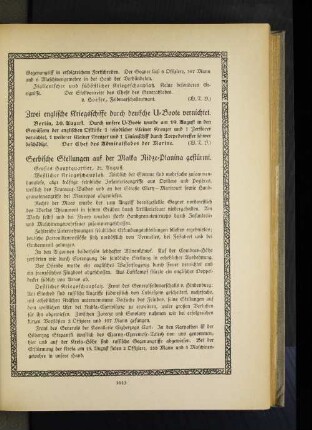 Zwei englische Kriegsschiffe durch deutsche U=Boote vernichtet.