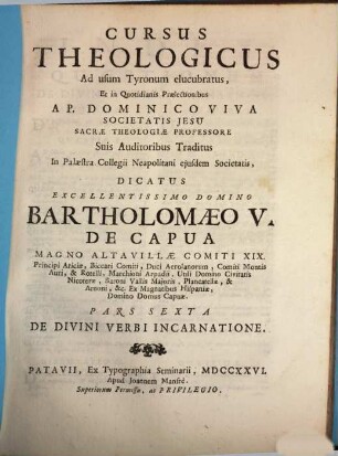 Cursus Theologicus, 6. De Divini Verbi Incarnatione