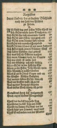 Register derer Lieder, die in diesem Büchlein nach der Zahl der Blätter zu finden