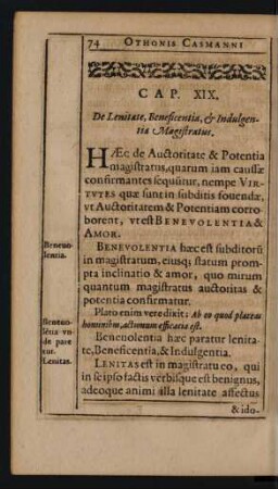 Cap. XIX. De Lenitate, Beneficentia, [et] Indulgentia Magistratus.
