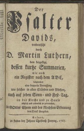 Der Psalter Davids, verdeutscht durch D. Martin Luthern, [...]