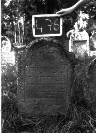 Grabstein 476 (Index: 100102674) Material: Sandstein Zustand: teilweise verwittert, abgeblättert, teilweiser Textverlust Maße HxBxT: 77x48x8 cm Beschreibung: Stele, eingezogener Rundbogenabschluss, Schriftfeld eingetieft: Grabstein 476