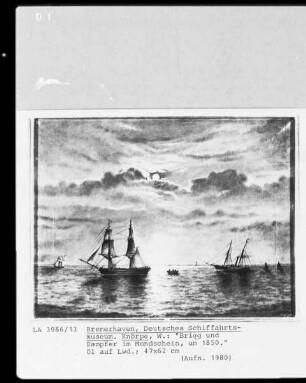 Brigg und Dampfer im Mondschein