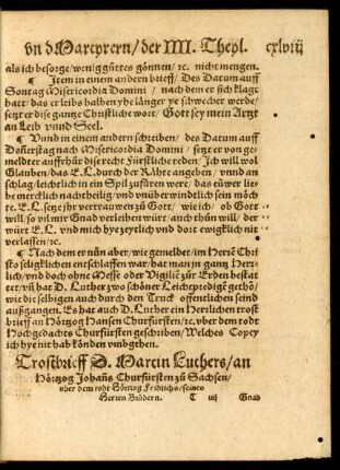 Trostbrieff D. Martin Luthers/ an Hörtzog Johanns Chrurfürsten zu Sachsen ...