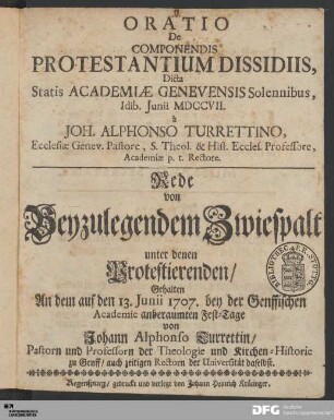 Oratio De Componendis Protestantium Dissidiis