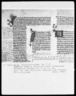 Johannes Andreae, Apparatus super Clementinas — Zwei Initialen I(udices) und Initiale U(t clericorum), Folio 10verso