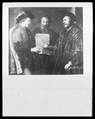 Drei Männer mit einer Art Urkunde (datiert 1264), (die drei Lebensalter?)