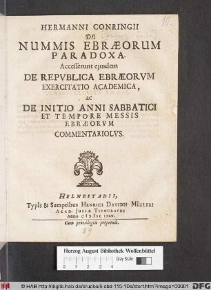Hermanni Conringii De Nummis Ebraeorum Paradoxa