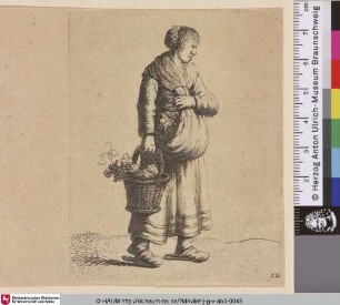 [Eine Frau mit Obstkorb; Woman Carrying a Basket with Vegetables; Une femme portant de la main droite un panier rempli de verdure et de fruits]